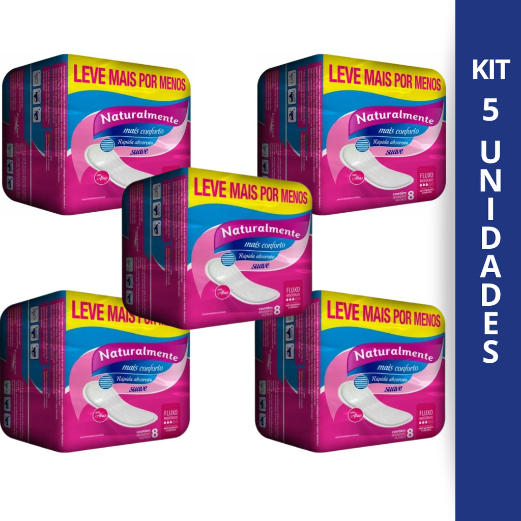 Kit 5 Absorvente Naturalmente Sem Abas Leve+ Pague- Contém 8 Unidades