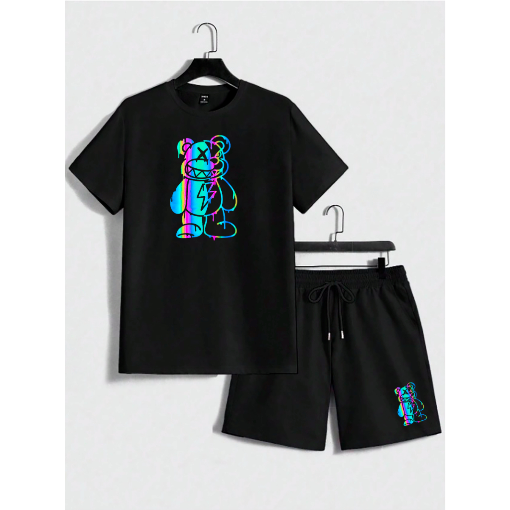Conjunto Masculino Bermuda e Camiseta Algodão 30.1 Urso Neon Raio Urban Life Colorido Otima Qualidad