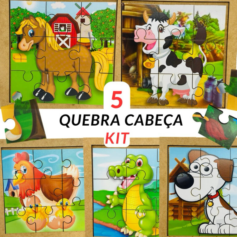 Kit 5 Quebra Cabeça Mdf 9 Peças Jogo pedagógico