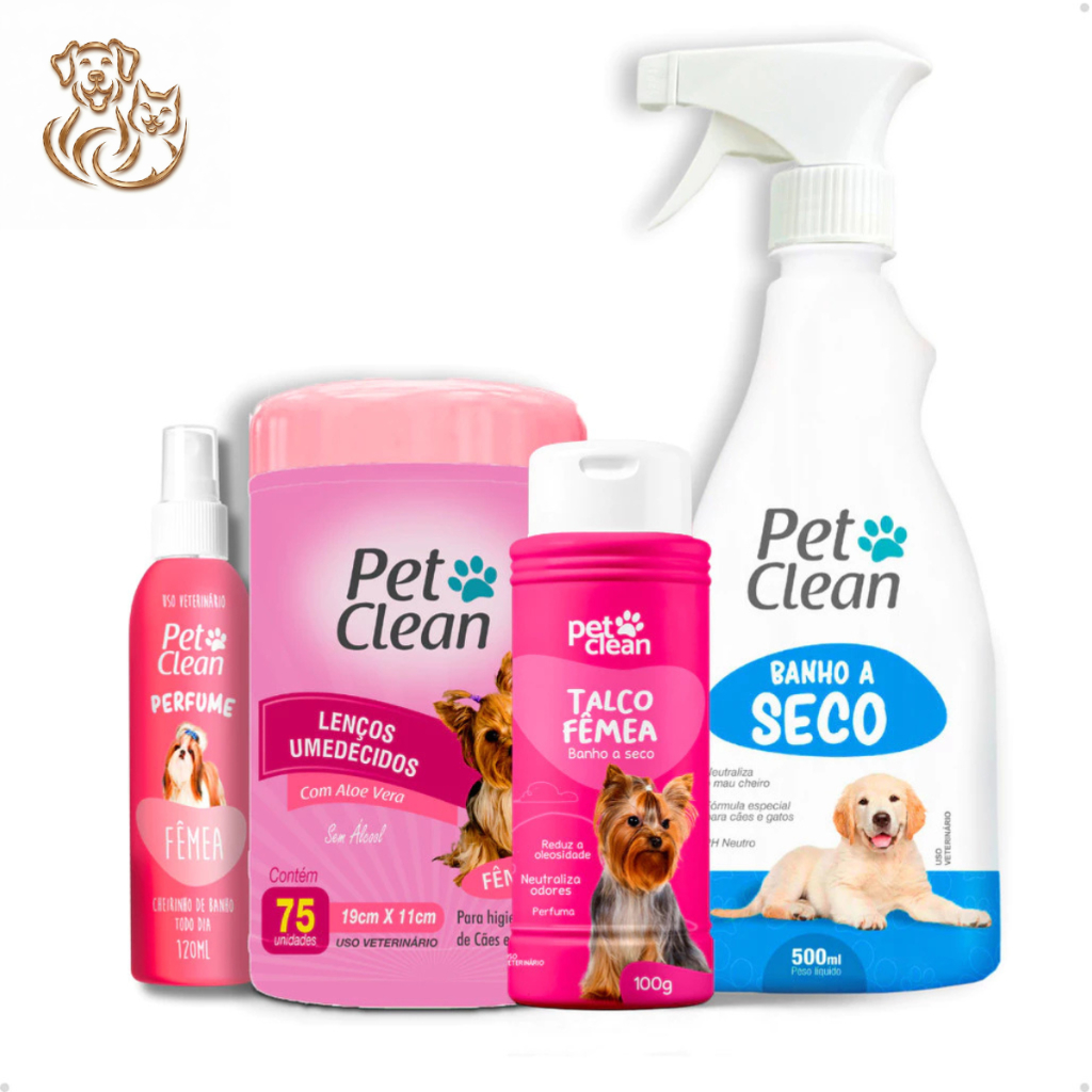 Kit Banho a Seco 500ml Pet Clean + Talco 100g + Lenço Umedecido 75un + Perfume 120ml Pet Clean