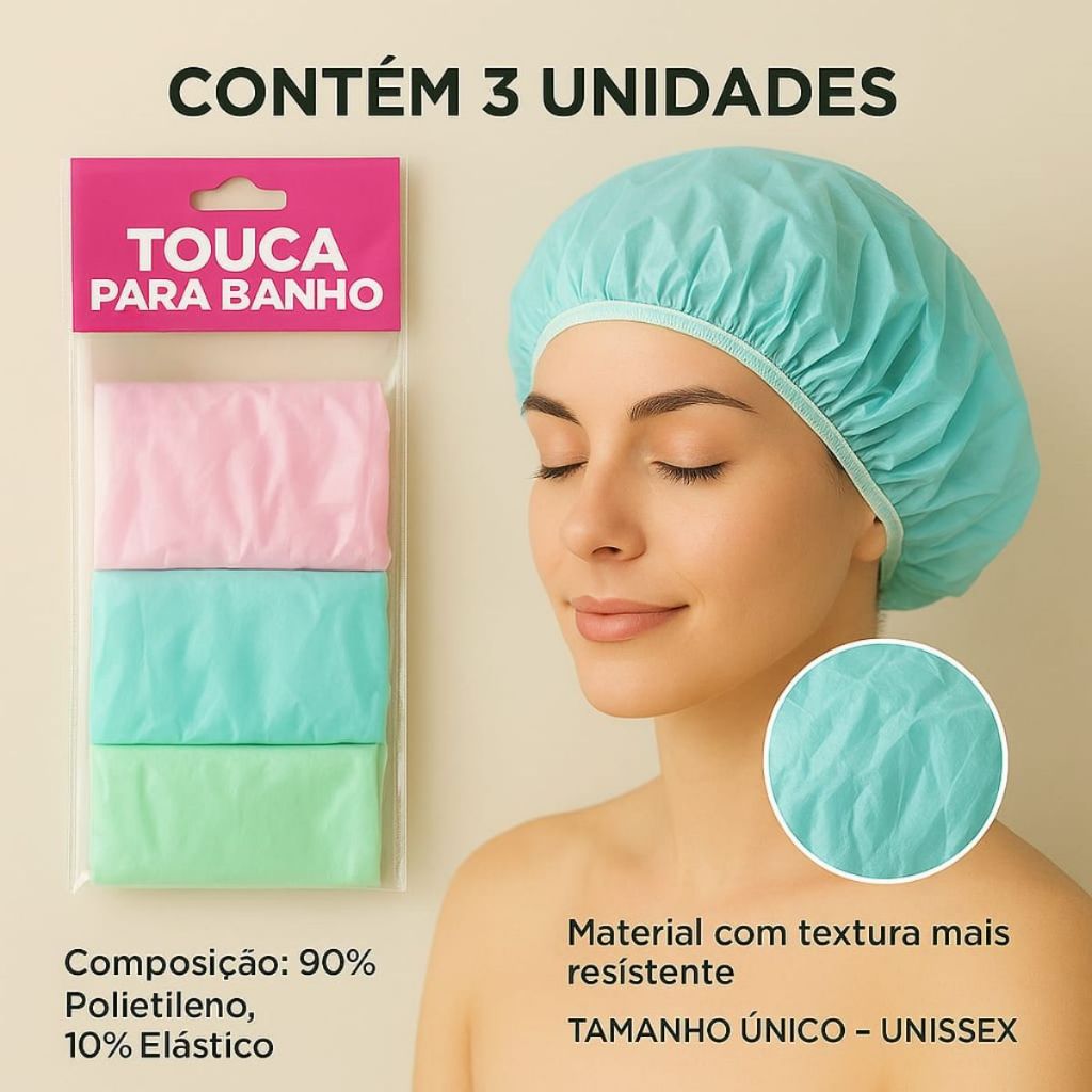 Kit 3 Touca de Banho Plástica Impermeavel Polietileno com Elástico, Tamanho Único, Impermeável Uniss