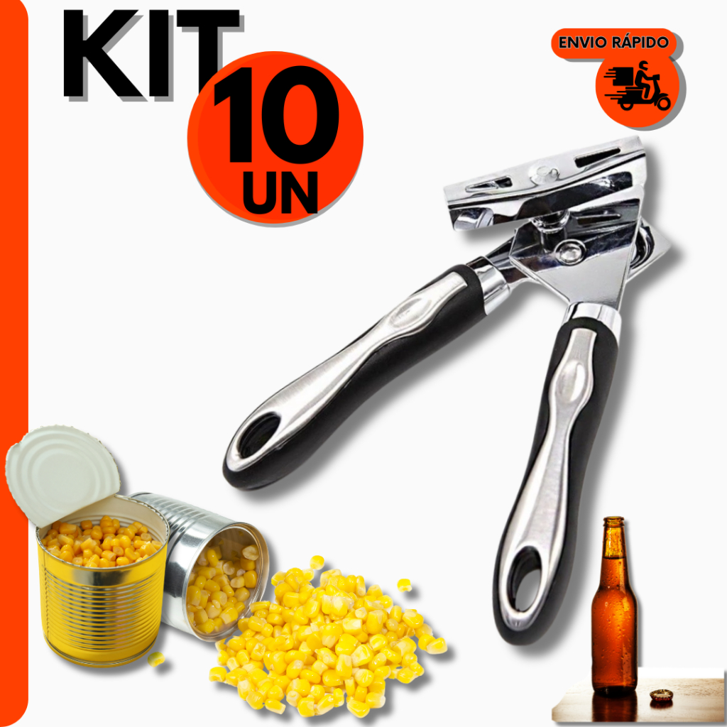 Kit 10 Abridores Multifuncional de Latas e Garrafas Profissional Aço Inox Para Cozinha Restaurante e
