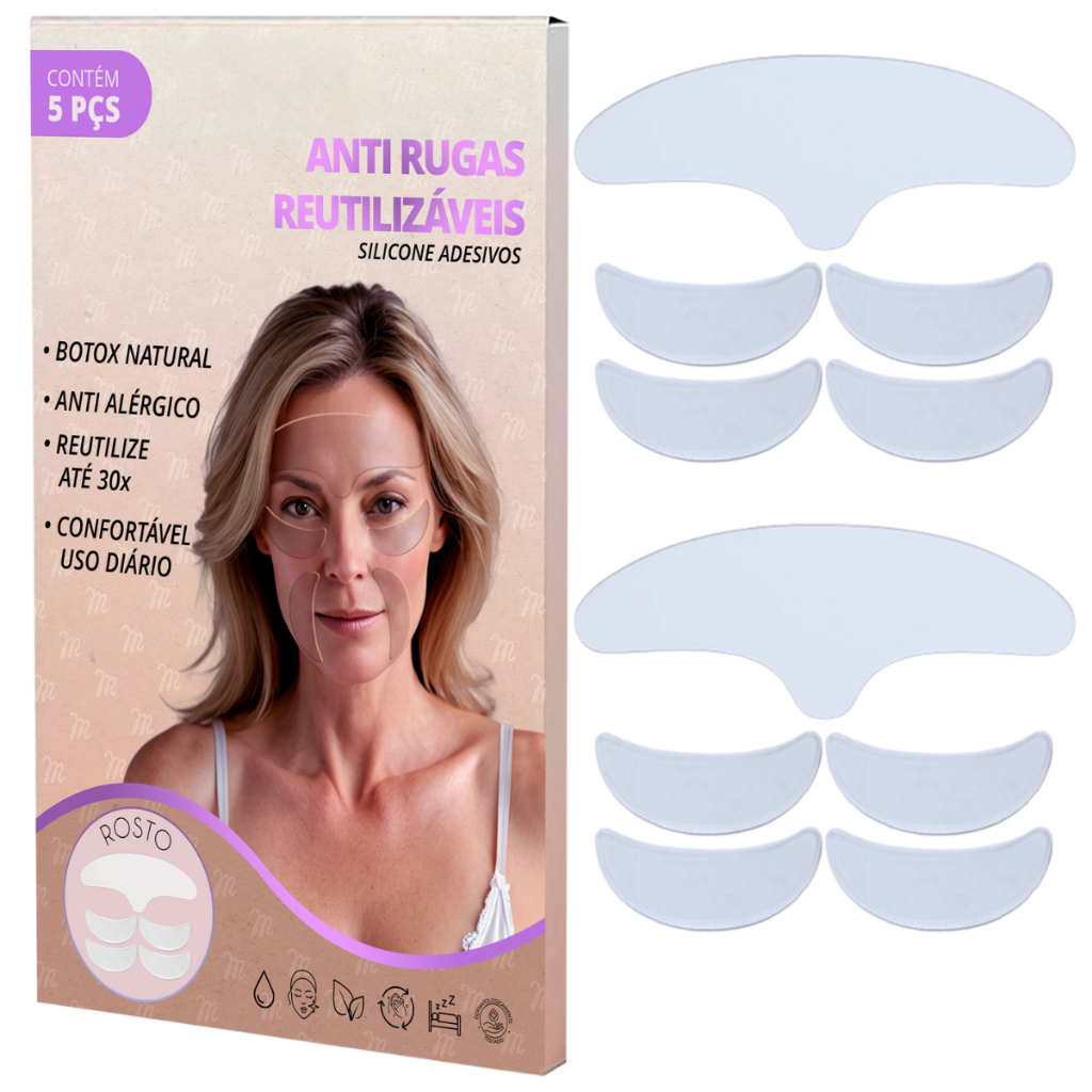 (Kit com 2) Adesivo Anti Rugas Silicone Rosto Reutilizável Patch Skin Care 5 Peças Colágeno Natural
