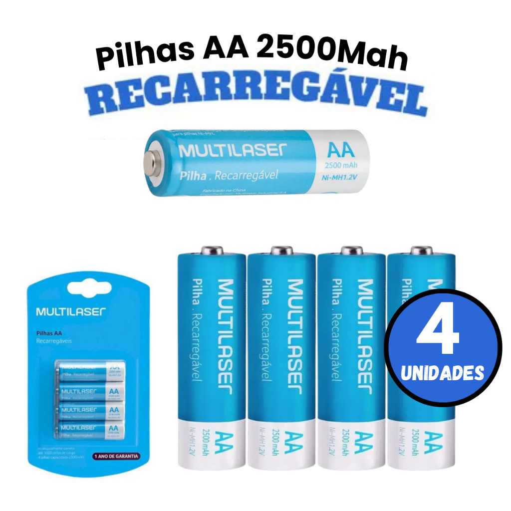 Pilhas Recarregáveis Multilaser Aa 2500Mah 4 Unidades Cb052 1,2 V *ENVIO NO MESMO DIA UTIL*