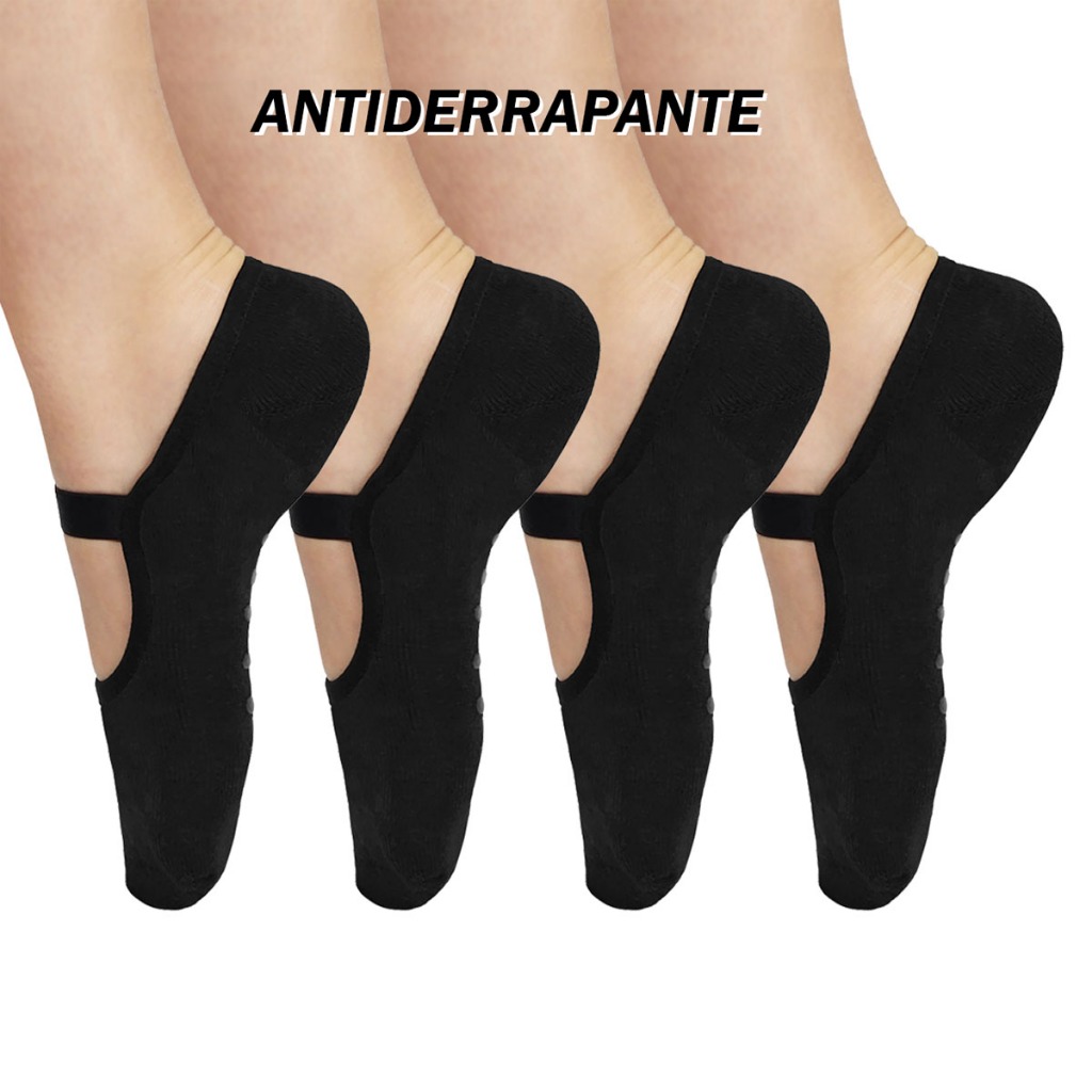 Kit Meia Sapatilha Antiderrapante Pilates Yoga Feminina – Preta