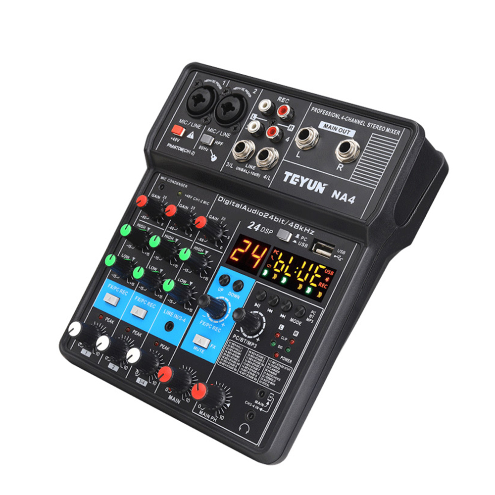 TEYUN 4-Channel Mini Audio Mixer Souound Mixer Console Computer Input 48v Power USB Computer Record