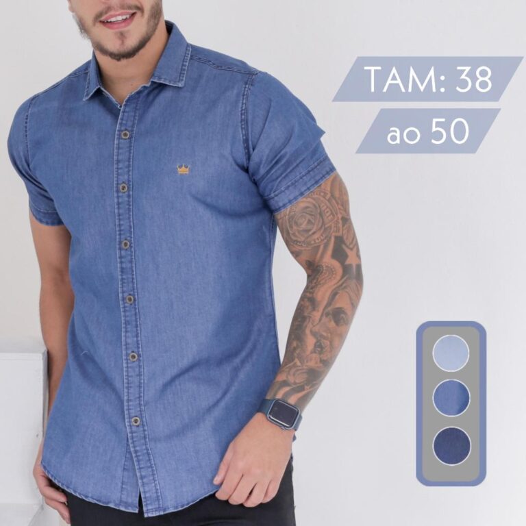 Camisa Jeans Masculina Slim Fit Manga Curta Social
