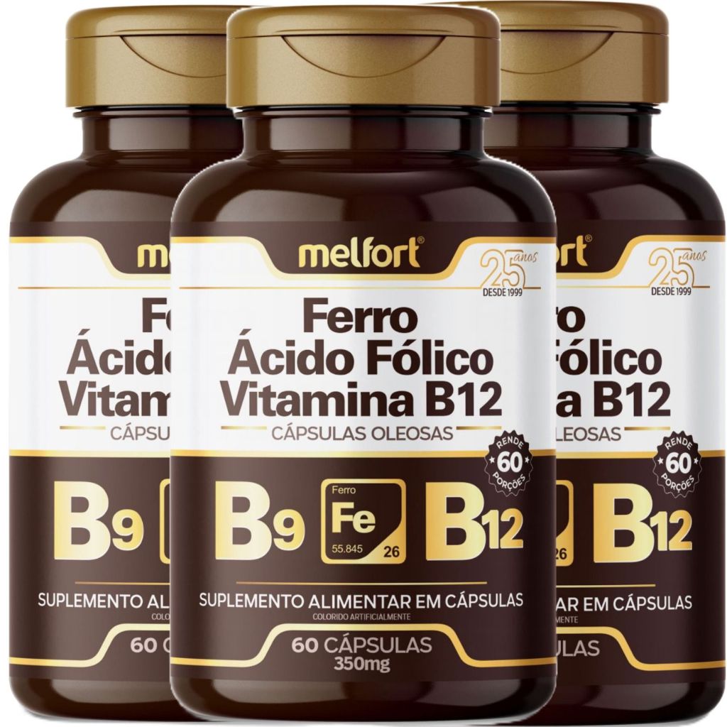 3 x Ácido Fólico + Ferro + Vitamina B12 180 Cápsulas