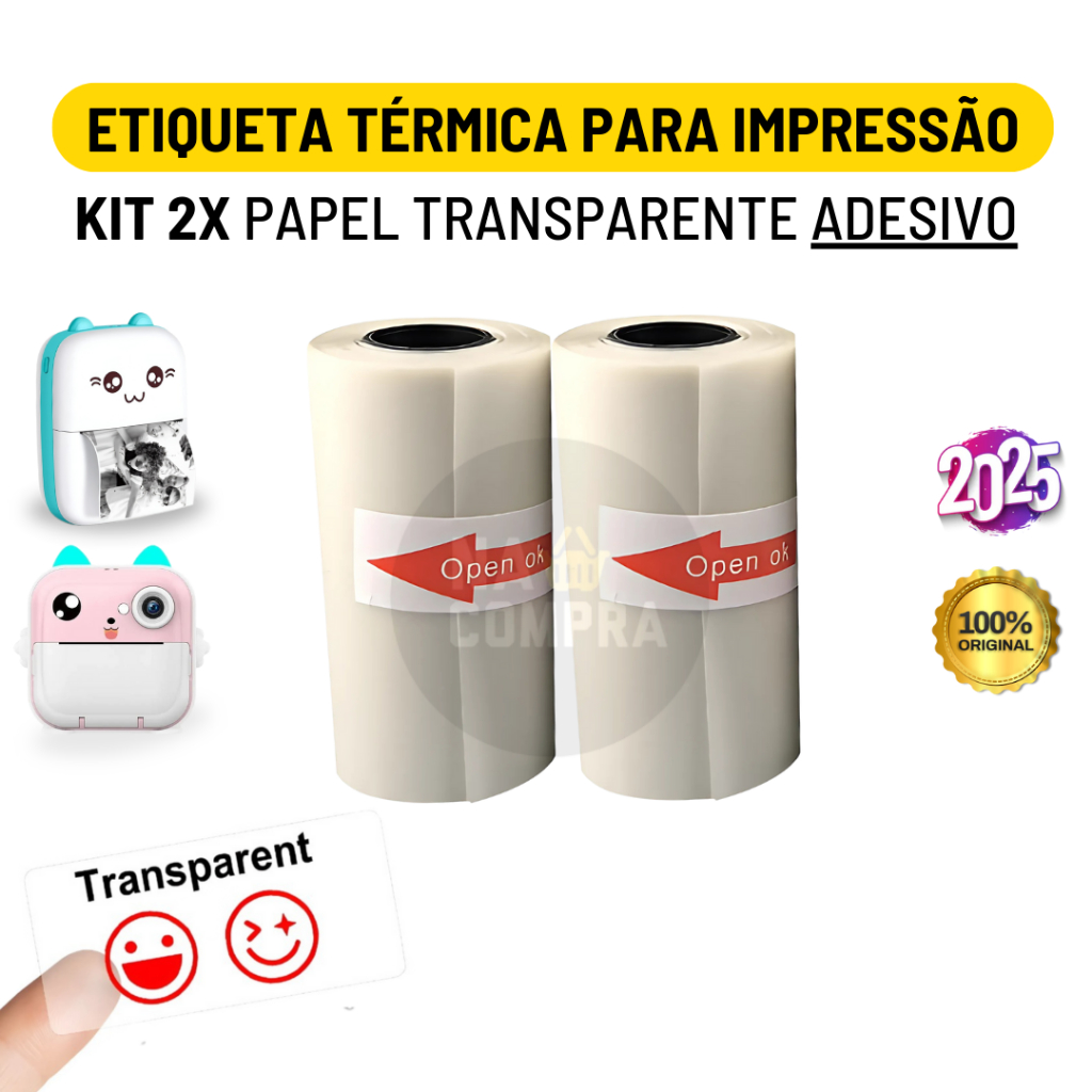 Kit 2 Rolo Etiqueta Adesiva Transparente Térmica 57mm Bobina Para Mini Impressora Portátil