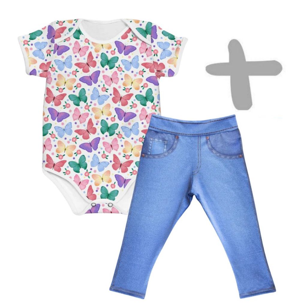 Conjunto Menina Bebê Body Borboletas + Fake Jeans Jeans MiniBoo Proteção Solar 50+ Disponivel em Man
