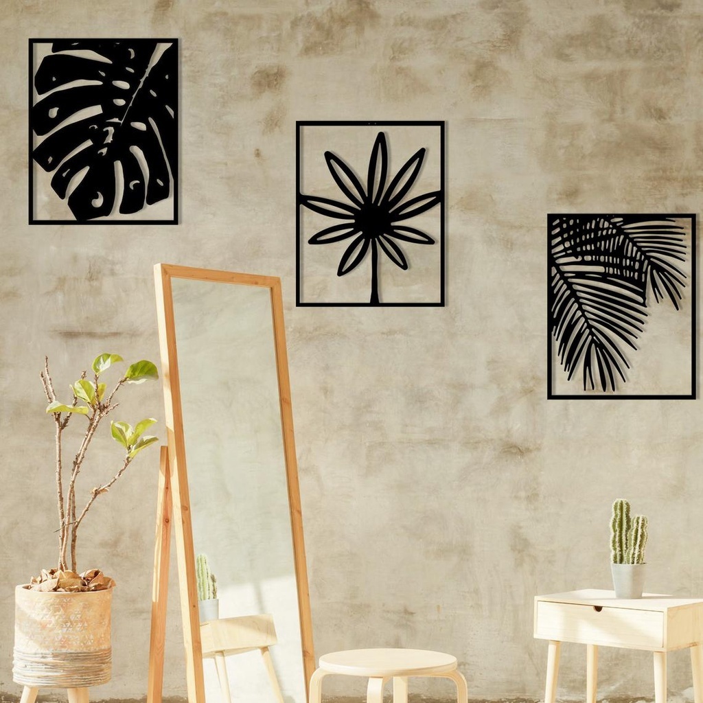 Kit de 3 Quadros Decorativos Vazados Folhas Plantas Vegetação MDF 3mm Preto Decoração Casa Sala Quar