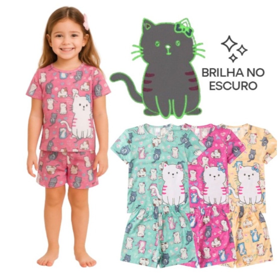 Pijama BRILHA NO ESCURO Infantil Menina Verão Gata – Hey Kids
