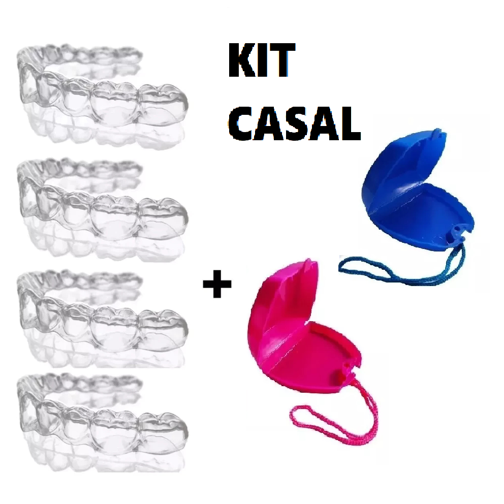 Kit Casal 4 Placas Moldeira Termo Moldável Silicone Brux + 1 Estojo Roxo e 1 Estojo Azul