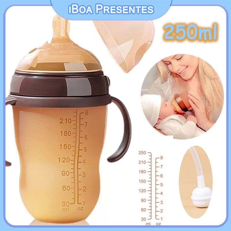 250ml Mamadeira De Silicone Imitando Bico De Leite Materno Anti-cólica E Refluxo Com Canudo
