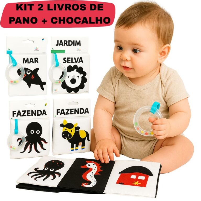 Kit 2 Livro De Pano Com Chocalho Baby Montessori C