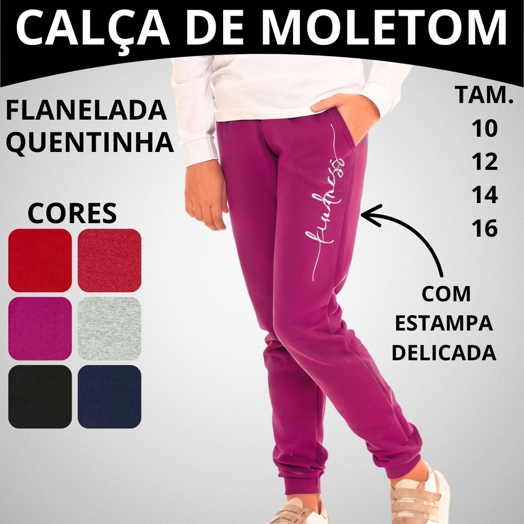 Calça Moletom Peluciado Juvenil  2 Bolsos Estampa Barra e Punho com Ribana 3153-A