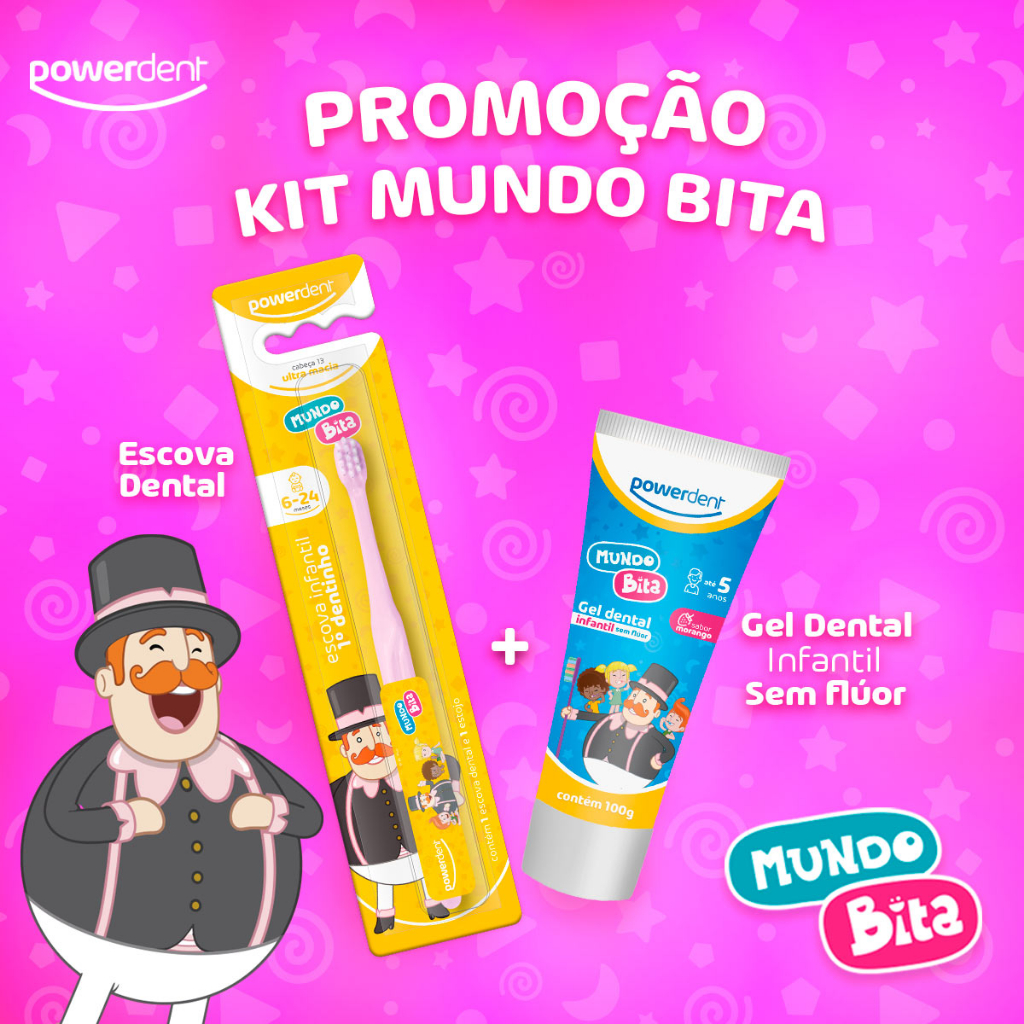 Kit Escova + Creme Dental Sem Flúor Bebê I Meu primeiro Dentinho I Mundo BitaI Powerdent