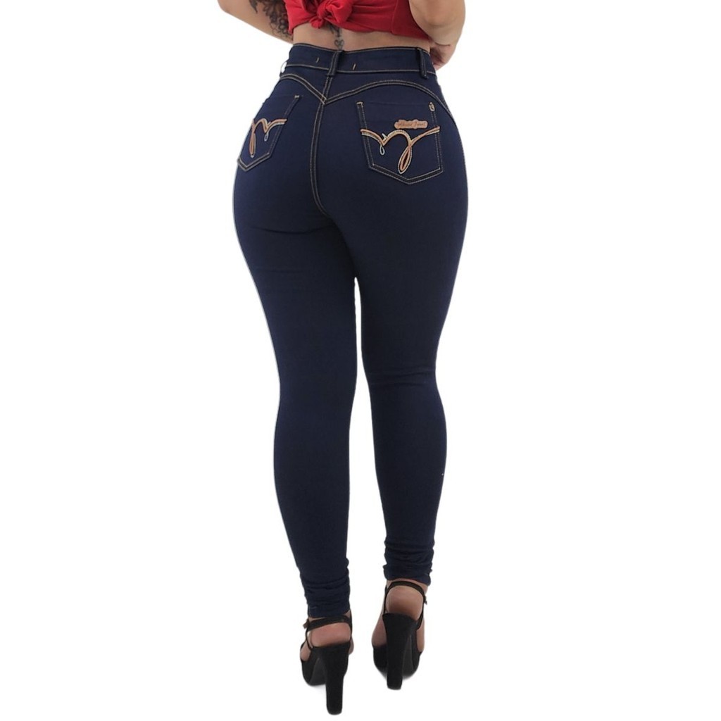 Calça Jeans Feminina Cintura Alta Elastano Lycra Cós Alto Hot Pants Skinny Levanta Empina Bumbum