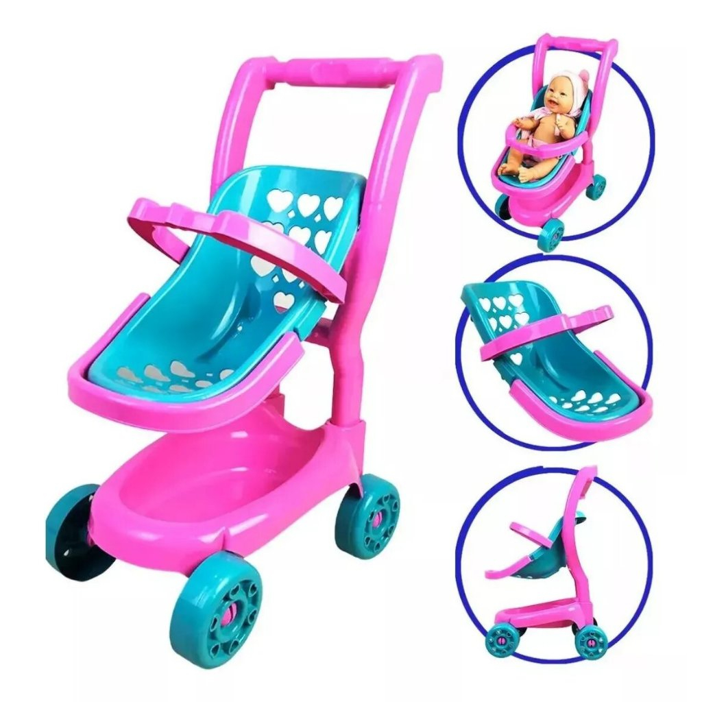 Carrinho de Boneca com Bebê Conforto Carrinho de Passeio Menina 2 em 1 Rosa Zucatoys e Diver Toys
