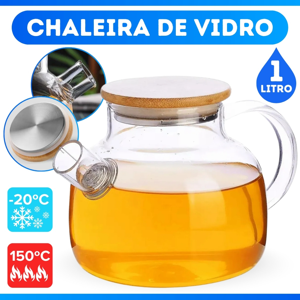 Chaleira de Vidro 1 Litro com Coador Tampa de Bambu Premium Resistente a Calor Fogo Bule infusor