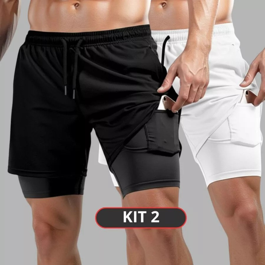 Kit 2 Bermudas Masculinas 2 em 1 Academia com Bolso Interno  Shorts Forrados interno Compressão