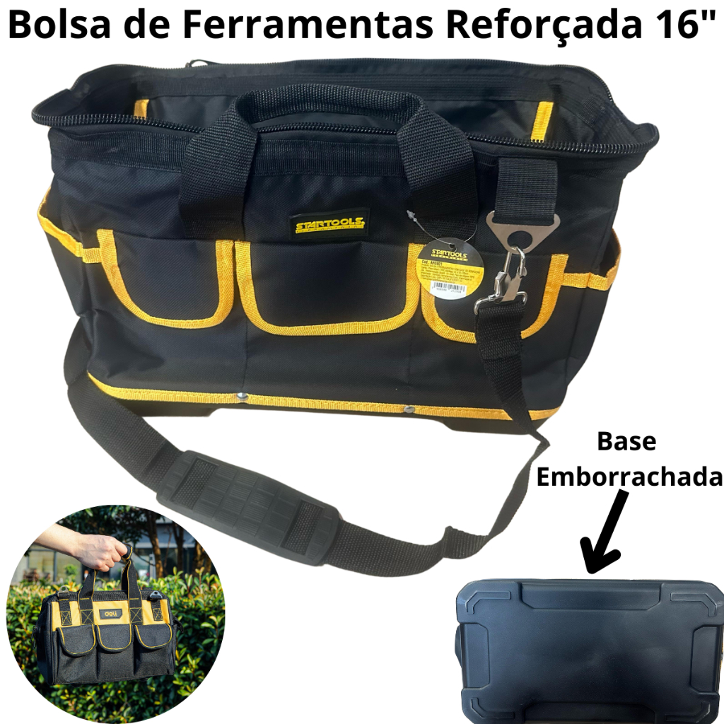 Bolsa Mala Para Ferramentas Reforçada 16 Eletricista Pedreiro Instalador Com Base Borracha