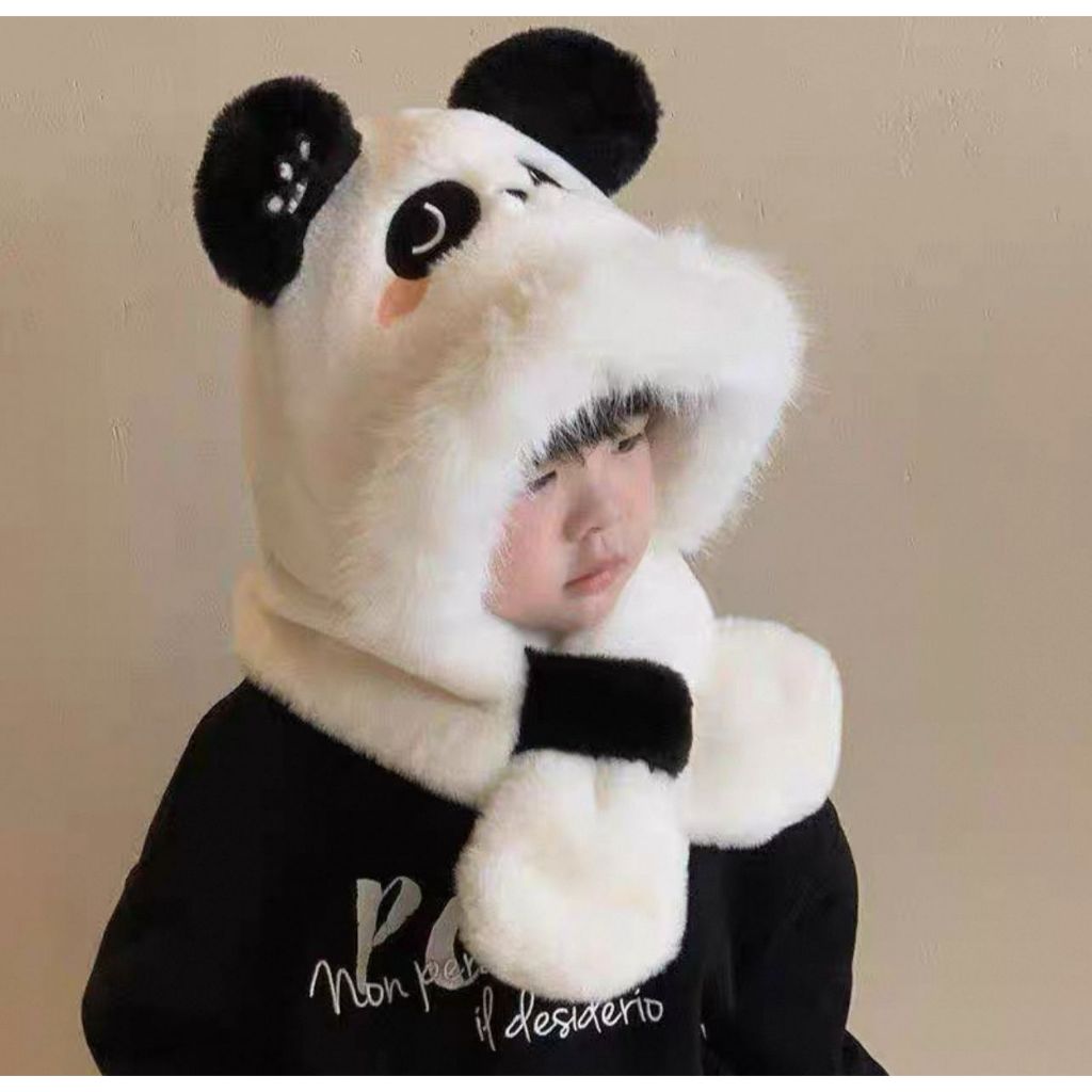Infantil 5 ao 16 anos Panda Urso Touca Cachecol  2 em 1 Peluciada Tampa Orelha Forrada Para Menina e