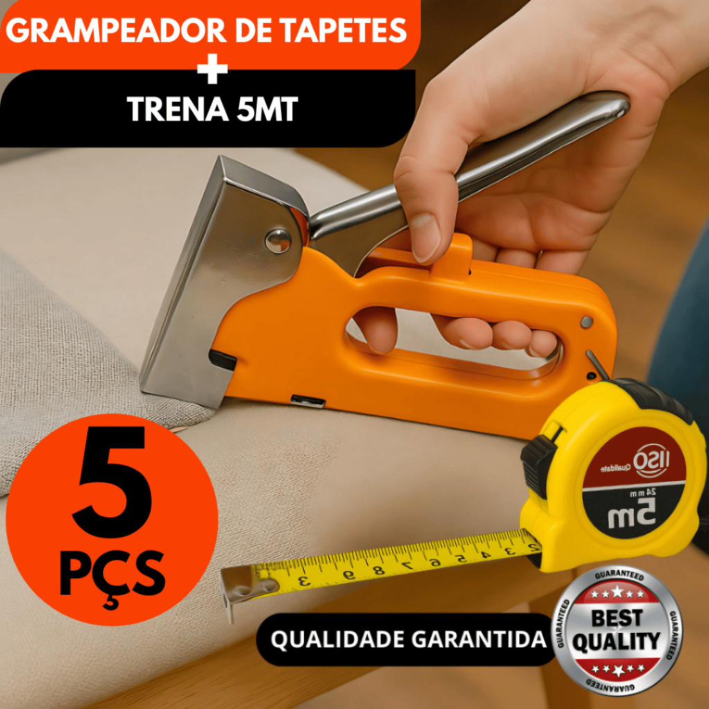 Kit 3 Grampeadores de Tapeceiro Manual Alta Pressão P/ Profissional Tapeceiro + 2 Trenas de 5mt