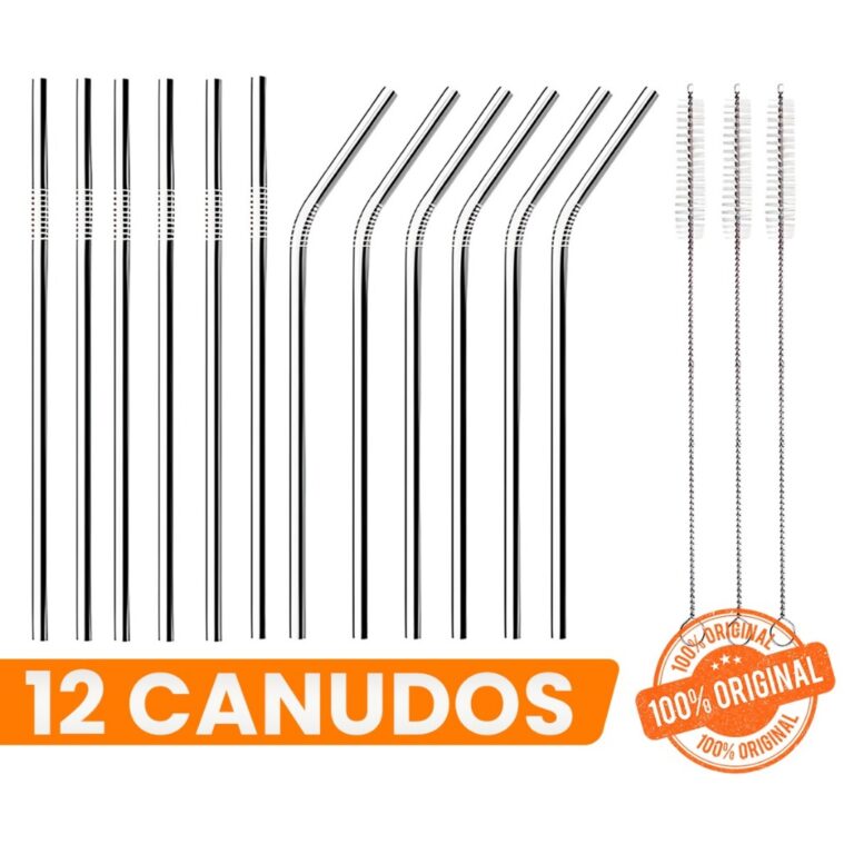 Combo 12 Canudos Inox Curvos com Escova Ecológico