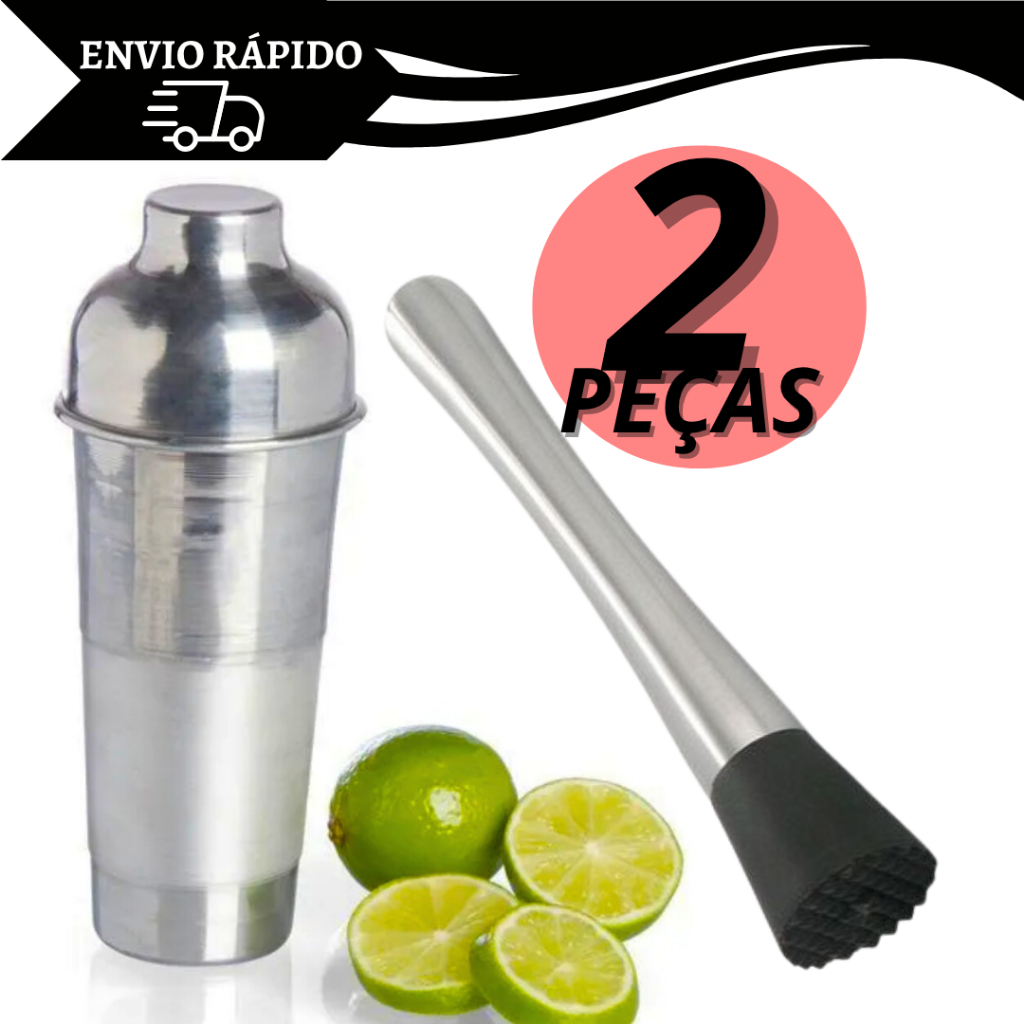Kit Coqueteleira De Alumínio Com Socador Para Bebidas Caipirinha Bar