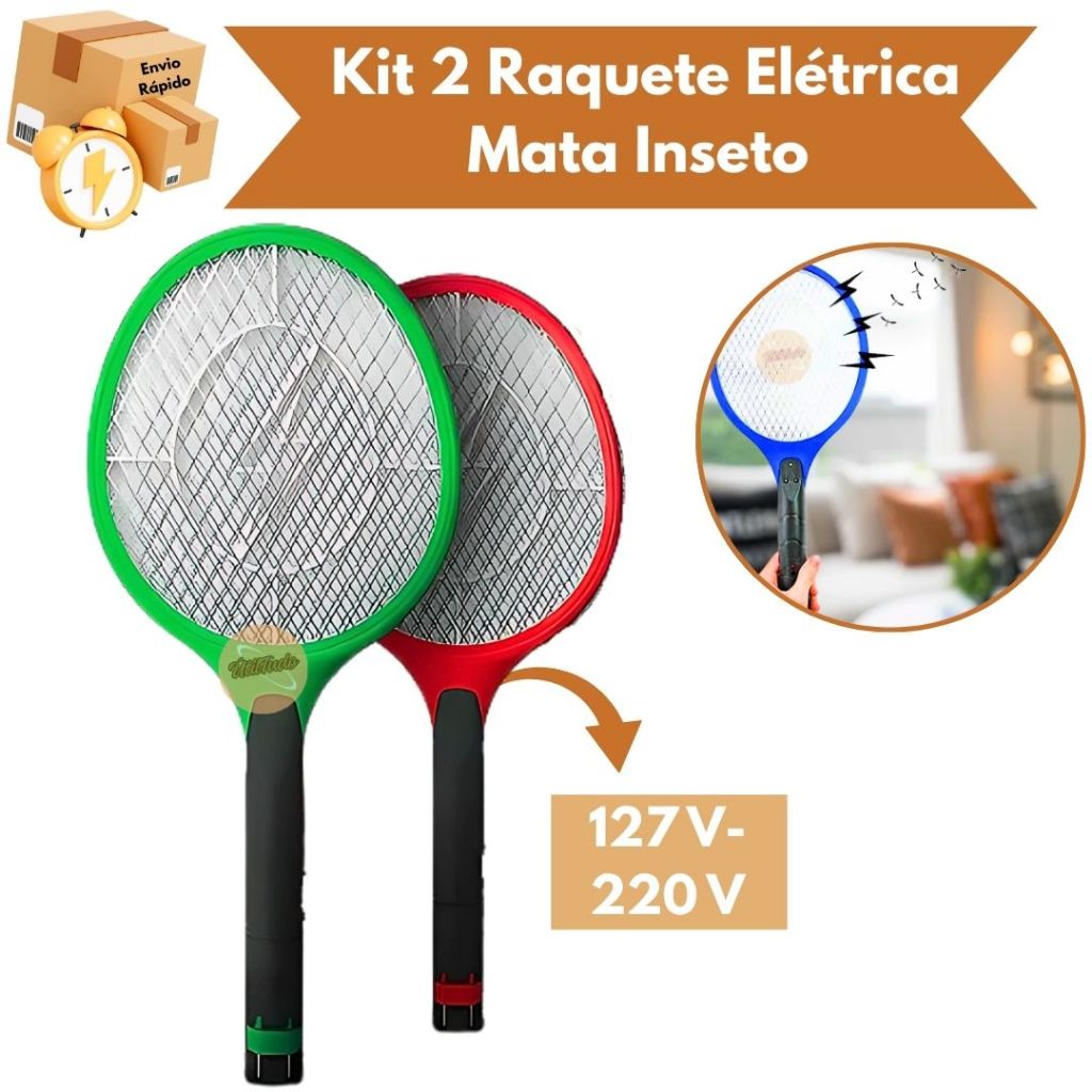Kit 2 Raquete Elétrica Mata Mosquitos Insetos Recarregável Dengue Mosca Pernilongos  110-220V Bivolt