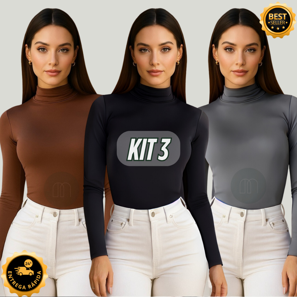 KIT 3 ou 1 Unidade Blusas Femininas Gola Alta Cacharrel Segunda Pele Térmica
