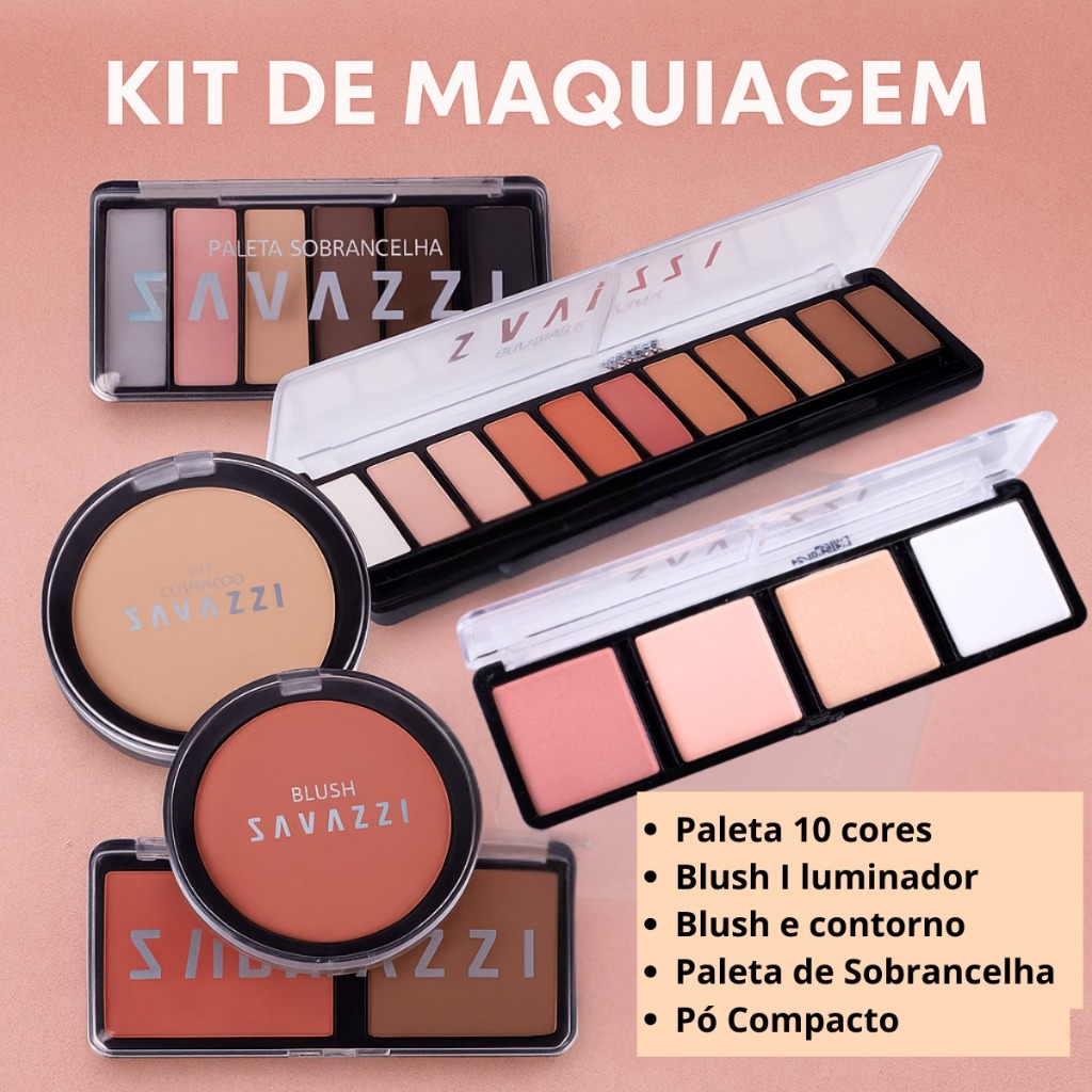 Kit Completo De Maquiagem Com 6 unidades Paleta Sombra, Blush, Iluminador, Pó Compacto, Contorno, Pa