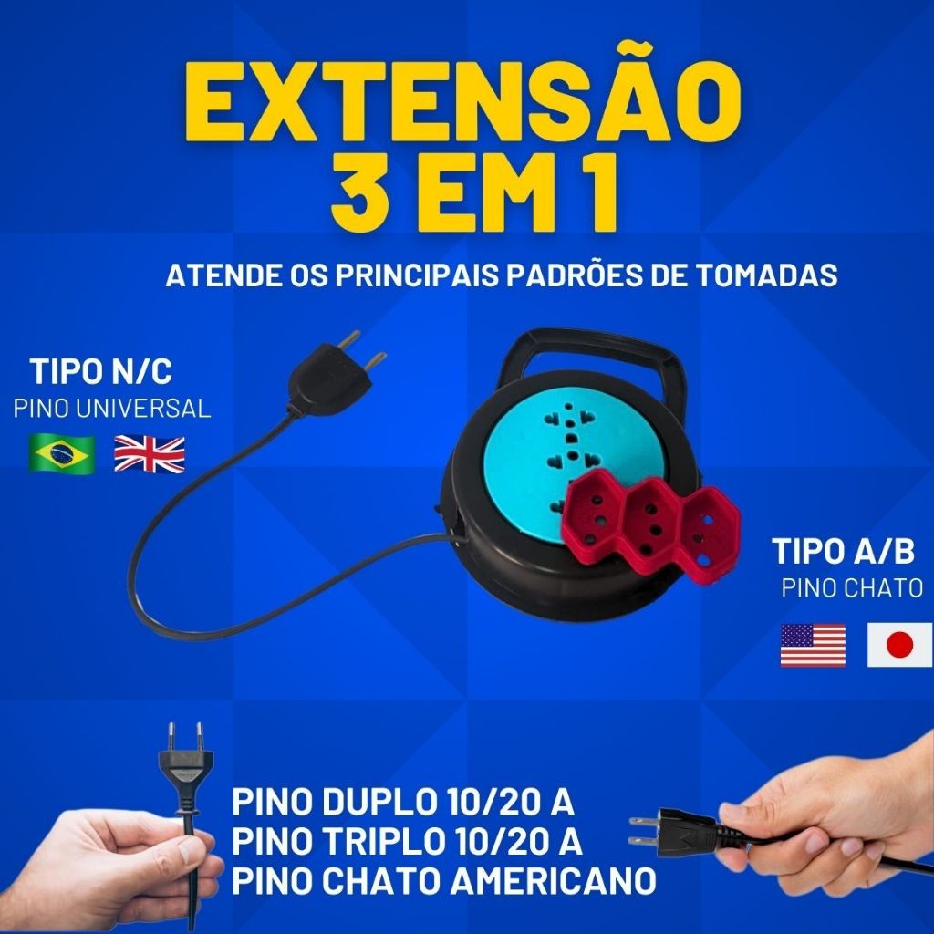 EXTENSÃO 3 em 1 COM 3/5 METROS  REDONDA RETRATIL 110-220V bivolt 3 ENTRADAS – COR SORTIDA