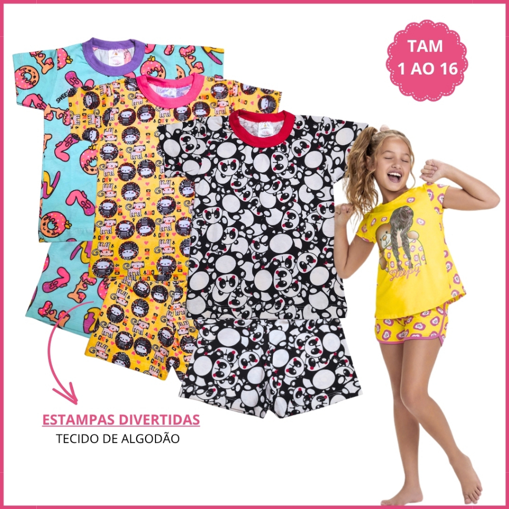 Kit 6 Peças Pijama Infantil Menina Verão 3 Camiseta 3 Bermuda Roupa de Criança Calor Algodão 1 a 16