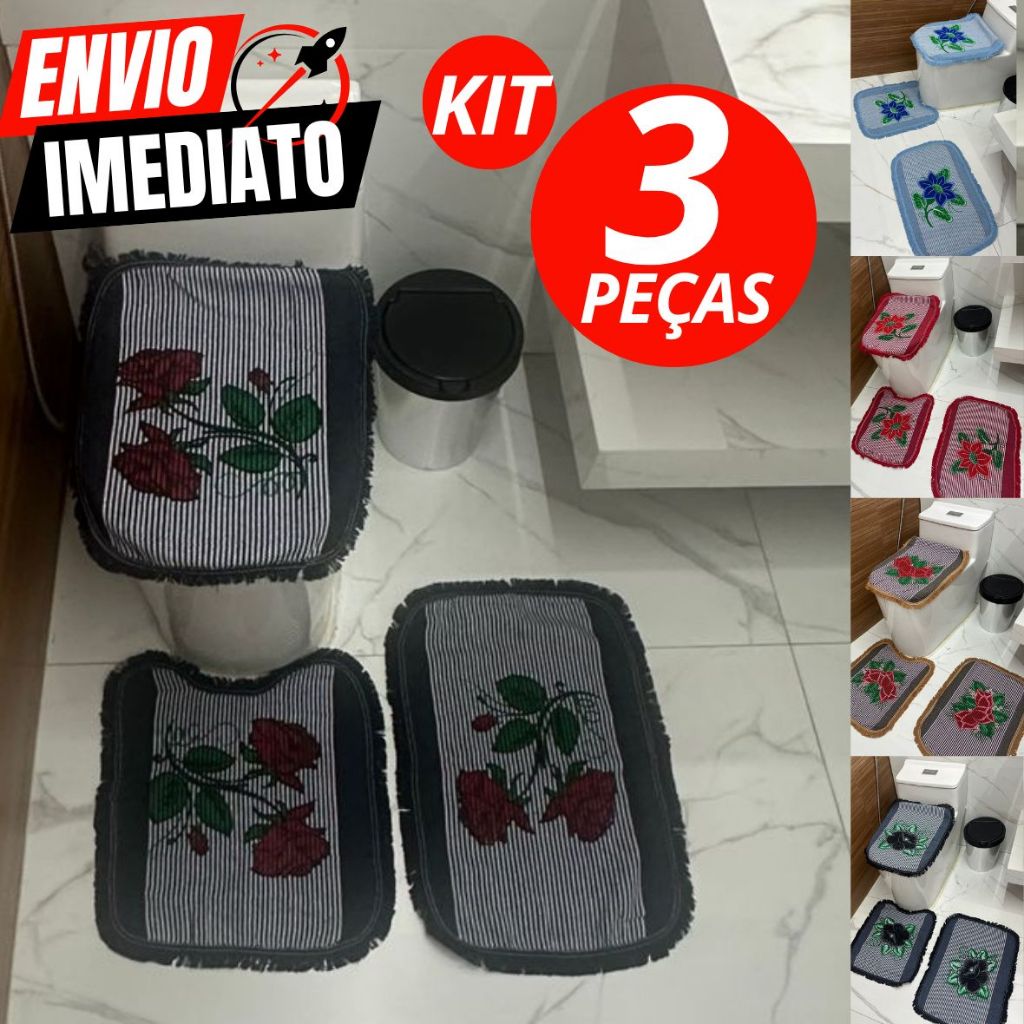 Jogo Tapete para Banheiro 3 Peças Algodão Artesanal Kit Decoração