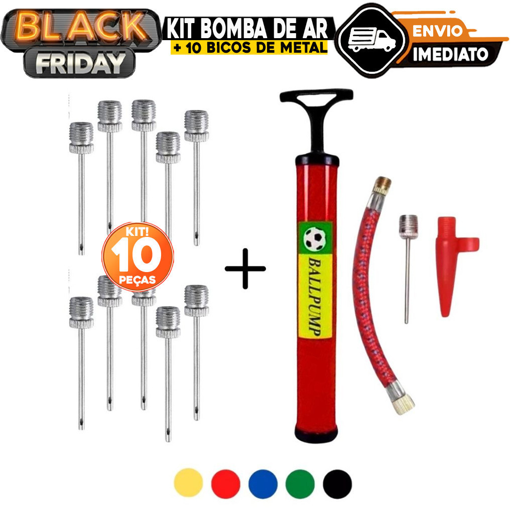 Kit Bomba de Ar com Acessórios + 10 Bicos de Metal para Encher Todo Tipo de Bolas Bico Encher Infláv