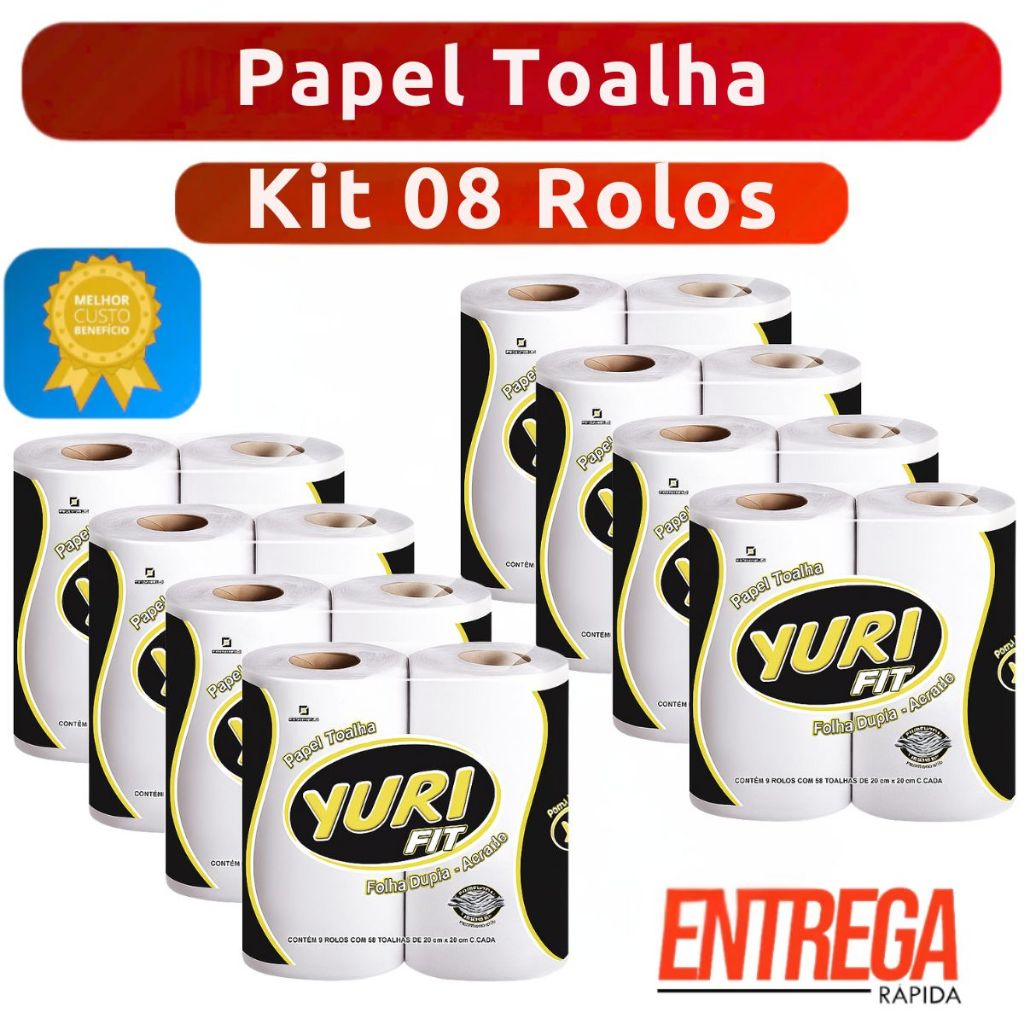 Kit com 08 Rolos de Papel Toalha Branco Yuri Fit para Cozinha Alta Absorção, Resistência