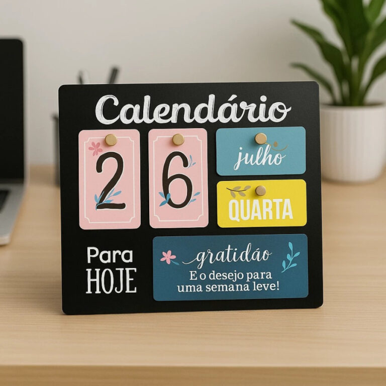 Calendário de Mesa Decorativo de Madeira com Plaq