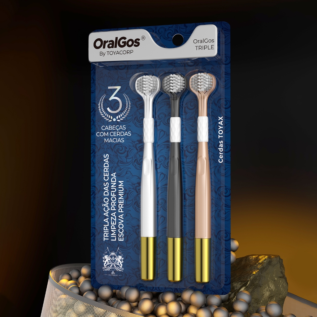 ORALGOS TRIPLO Escova de Dente 3 Lados  com Raspador de Língua+Pega Antiderrapante
