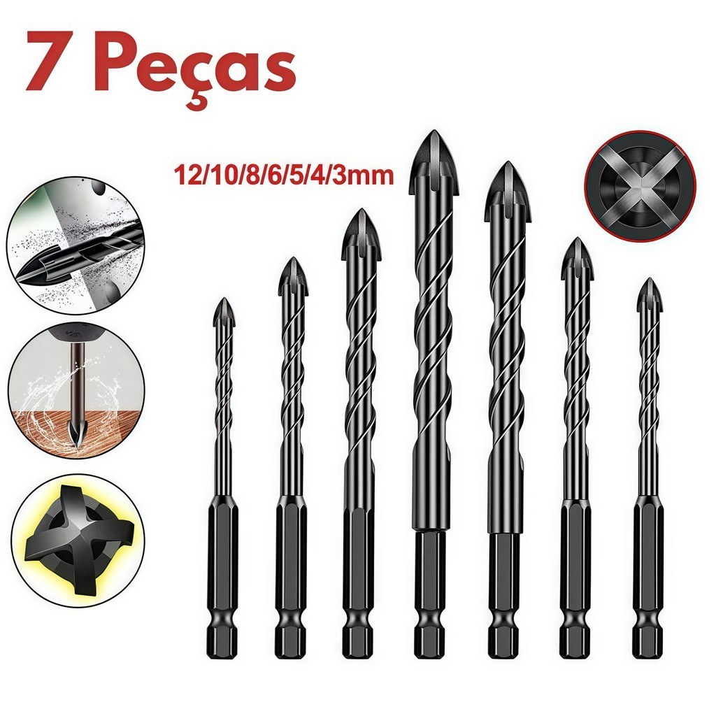 Kit 7Pcs Jogo De Brocas Hexagonais Cruzadas De 3-12mm 4 – Bordas Para o  Porcelanato Concreto Vidro.