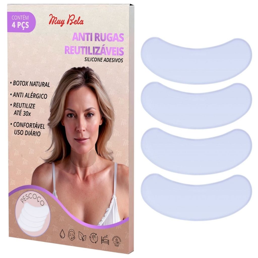(Kit com 4) Anti Rugas Para Pescoço Adesivo Pad Muy Bela Estimulador de Colágeno Natural Marcado Bot