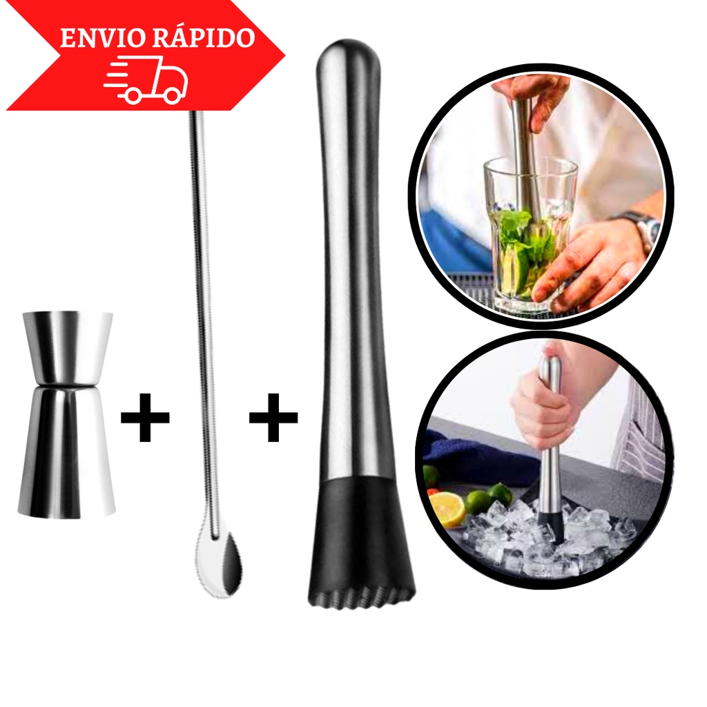 Socador Macerador Aço Inox + Dosador Duplo E Colher Bailarina 30 Cm Para Barman E Bartender