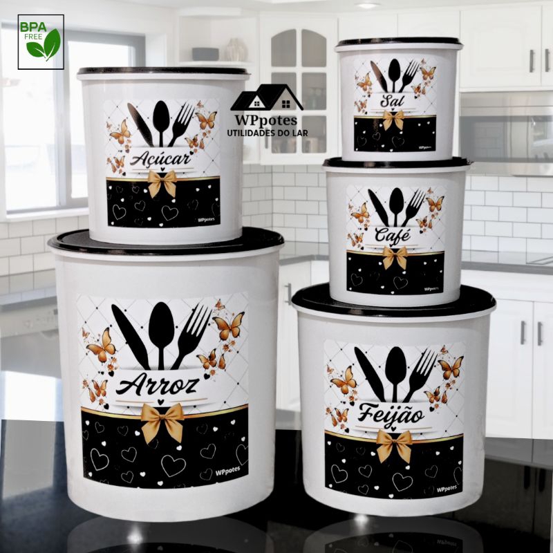 Porta Mantimento Conjunto 5 Potes Kit Cozinha Arroz Feijão Açúcar Café Sal Linha Talheres