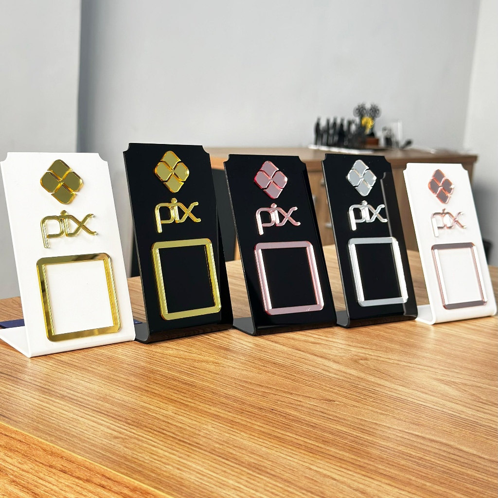 Placa Pix Pagamento QrCode De Mesa Balcão com base – Acrílico – Rose Dourado Prata