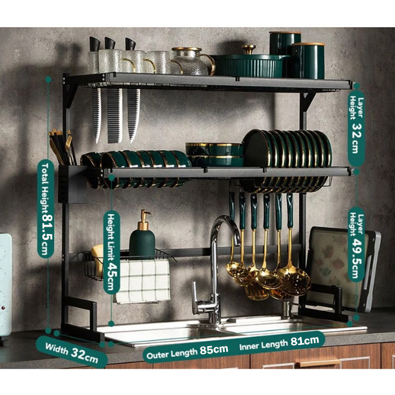 única/dupla Escorredor Kitchen Rack Aço Inoxidável Preto 65cm/85cm Ajustável Organizador Louça Camad