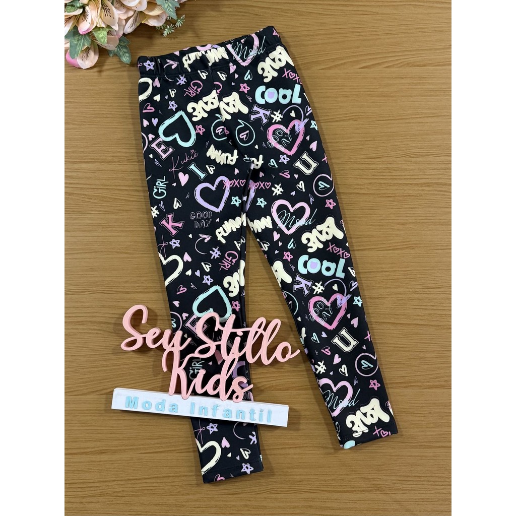 Calça Legging Infantil Kukie Inverno Preta Coração