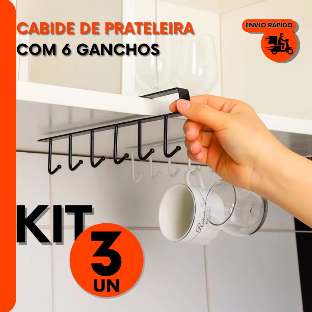 Kit Cabide de prateleira C/ 6 Ganchos para Armários Guarda Roupa e Portas para Cozinha e Restaurante