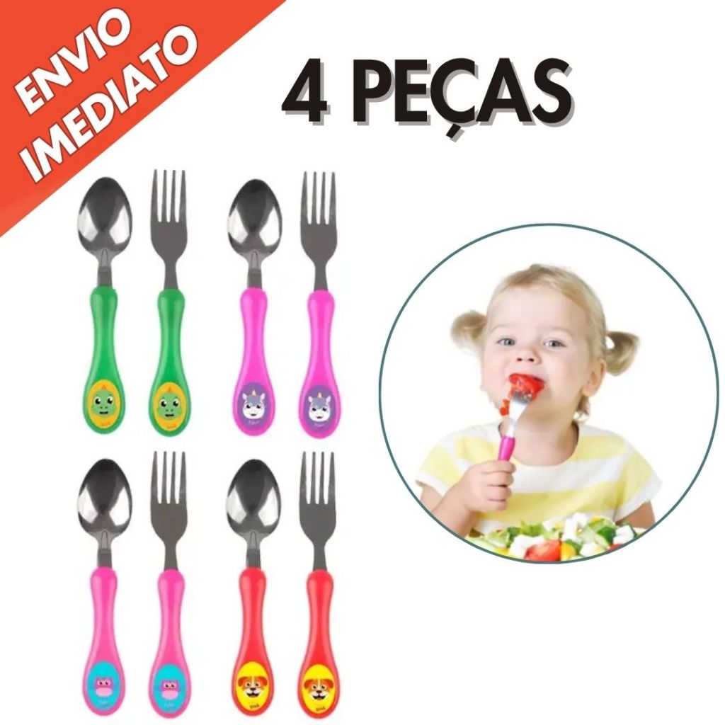 Talher Infantil Bebe Garfo E Colher Inox Plástico Desenho Coruja Unicórnio Cachorro Dinossauro