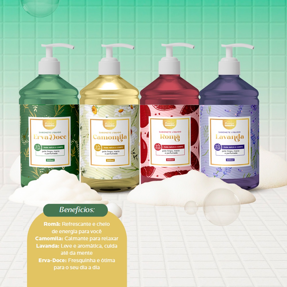 Kit 04 Sabonete Líquido para Mãos e Corpo  Face Beautiful 500ml